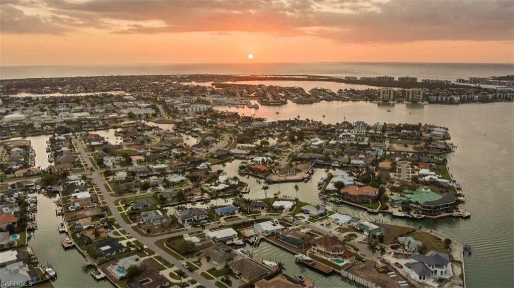 Aerial view of the canals of Marco Island at sunset